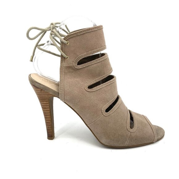 SEYCHELLE'S Beige Suede Leather Cut Out Ankle Tie Peep Toe Pump Heels Size 9.5 - Picture 1 of 9